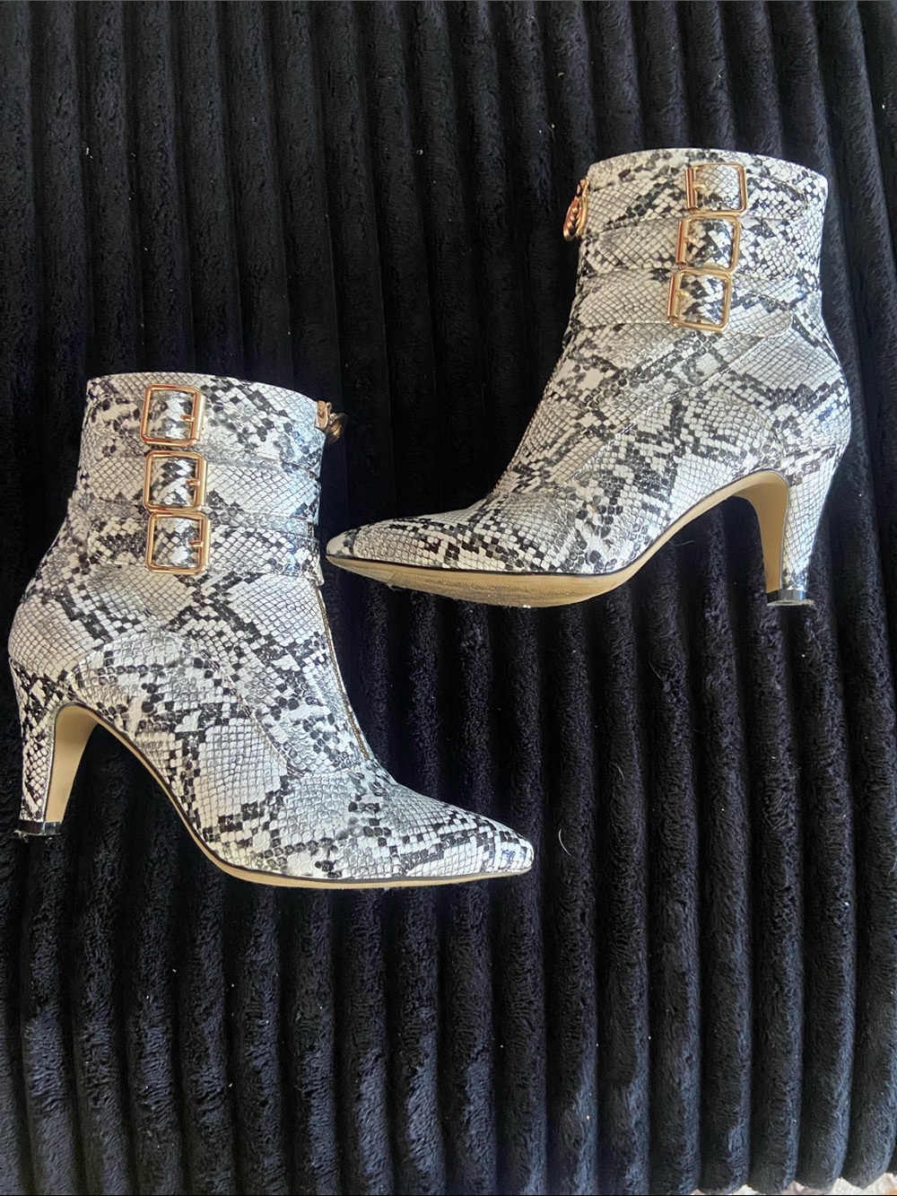 IDIFU White and Black Snake-Print Pointed Ankle Booties with Gold Buckles
